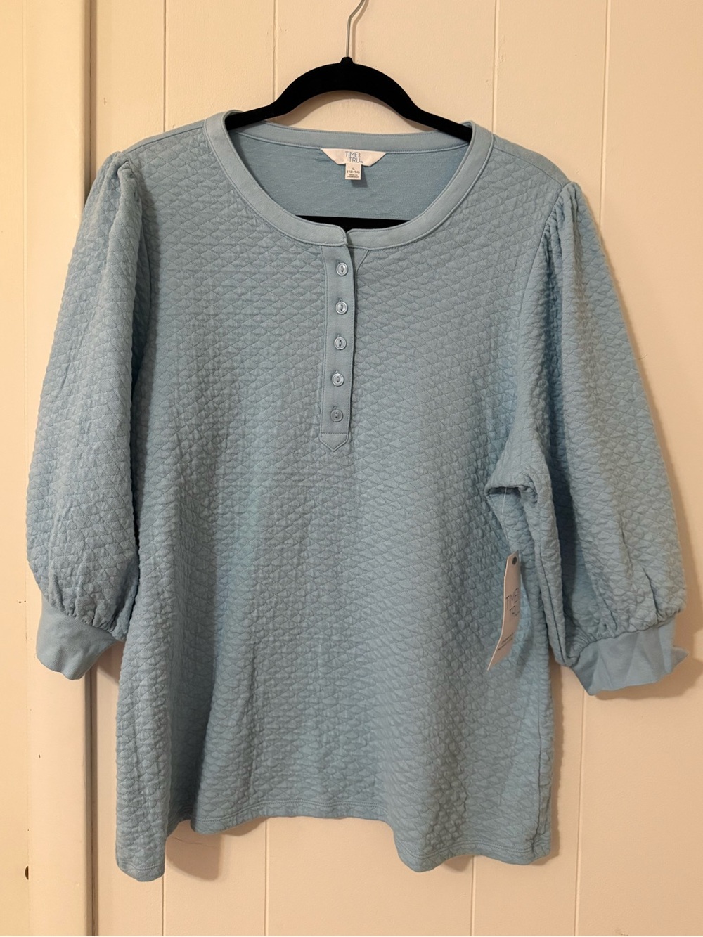 Time and Tru Quilted Henley Top - Light Blue